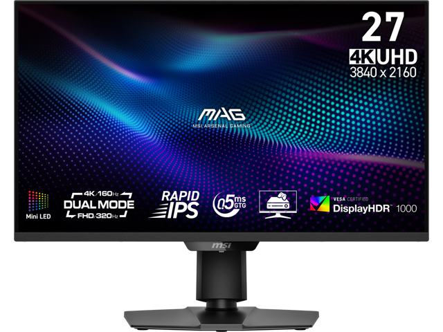 MSI MAG 274UPDF E16M 27" 4K UHD Mini-LED Gaming Monitor 3840x2160 160Hz 0.5ms HDR1000 Dual Mode 1080p 320Hz FreeSync Premium G-SYNC Compatible Quantum Dot Type-C 15W PD HDMI 2.1 VESA Adjustable