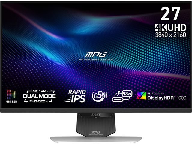 MSI MPG 274URDFW E16M 27" Gaming Monitor – 4K UHD 160Hz / FHD 320Hz, Mini-LED, Quantum Dot, 0.5ms, HDR1000, USB-C 98W PD, AI Navigator, Adaptive-Sync, 1x DP 1.4a, 2x HDMI 2.1, Type-C, Dual Mode