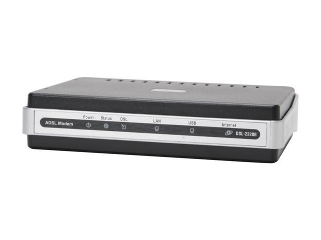 D-Link DSL-2320B ADSL2/2+ Ethernet/USB Modem 24Mbps Downstream, 3.5Mbps Upstream ADSL Port (RJ-11) 10/100 Ethernet Port (RJ-45) USB 1.1 Port ADSL Standards: Multi-mode  Full-rate ANSI T1.413 Issue 2  ITU-T G.992.1 (G.dmt) Annex A/C/I  ITU-T