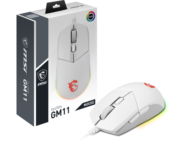 MSI Clutch GM11 White Gaming Mouse - 5000 DPI Optical Sensor, Symmetrical, 10M+ Click OMRON Switches, 6-Buttons, 1ms Latency, RGB Mystic Light, 89g - Wired
