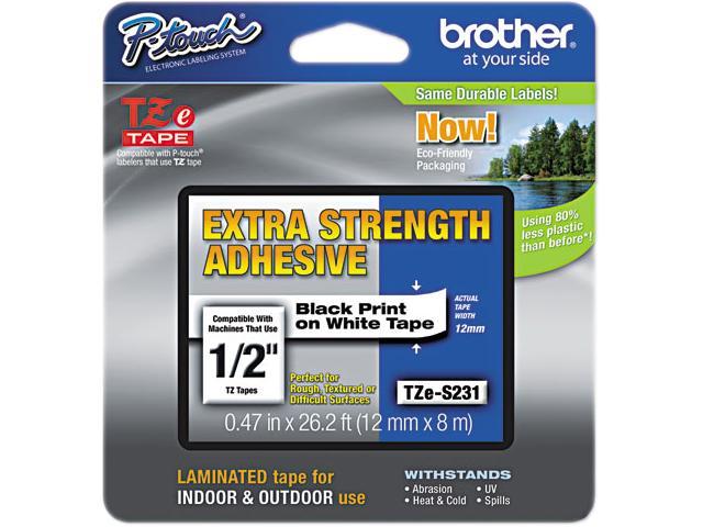 Brother TZES231 12mm (0.47") Black on White Tape with Extra Strength Adhesive 8m (26.2 ft)