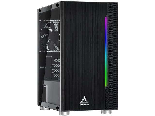Montech Flyer Micro ATX Computer Gaming Case/ High-Airflow, Acrylic Side Panel, Pre-Installed 2 x 120mm Fan, Hairline Surface Front Panel, RGB LED Shining Strip/ Micro ATX, Mini-ITX/ Black