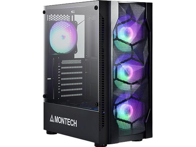 Montech X1 Black ATX Mid-Tower Case/High Airflow, Front Mesh Ventilation, Tempered Glass Side Panel, Pre-Installed 4 x 120mm Autoflow Rainbow LED Fans