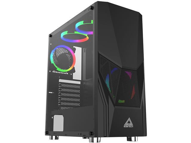 Montech Fighter 500 ATX Mid-Tower Computer Gaming Case / Pre-Installed Four Rainbow LED Fans, High-Airflow, Mesh 3D Front Panel, Tempered Glass, Magnetic Dust Filter / ATX, Micro ATX, Mini-ITX, Black