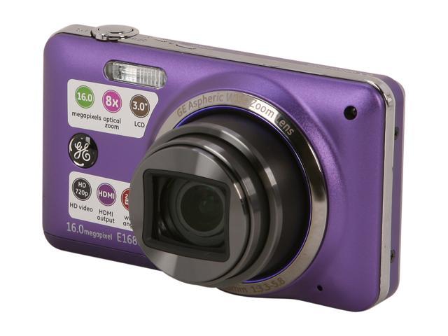 Refurbished: GE E1680W Purple 16 MP 28mm Wide Angle Digital Camera 