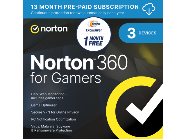 Norton 360 for Gamers for up to 3 Devices (2023 Ready), 13 Month Subscription with Auto Renewal - NEWEGG EXCLUSIVE, Download