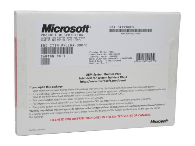 Microsoft Windows Web Server 2008 32bit/64bit English 1-Pack DVD - OEM