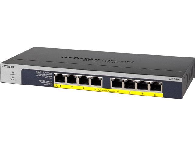 NETGEAR 8-Port Gigabit Ethernet PoE+ Unmanaged Switch with 120W PoE Budget, Rack-mount or Wall-mount (GS108PP-100NAS)