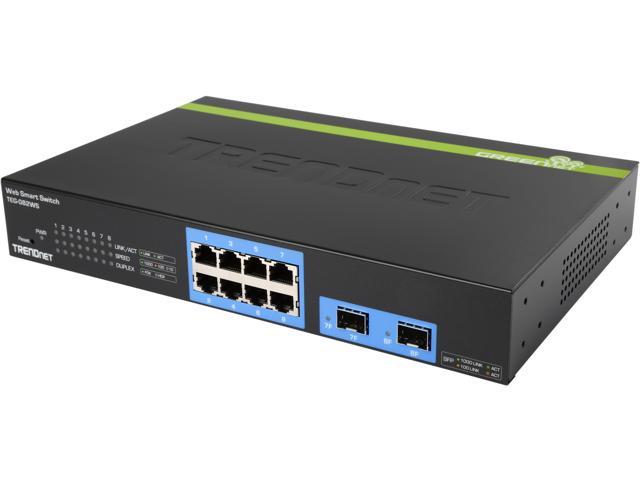 TRENDnet 10-Port Gigabit Web Smart Switch, 20 Gbps Switching Capacity, 8 x RJ-45 Ports, 2 x SFP, Slots, VLAN, QoS, LACP, IPv6 Support, Fanless, Rack Mountable, Lifetime Protection, TEG-082WS