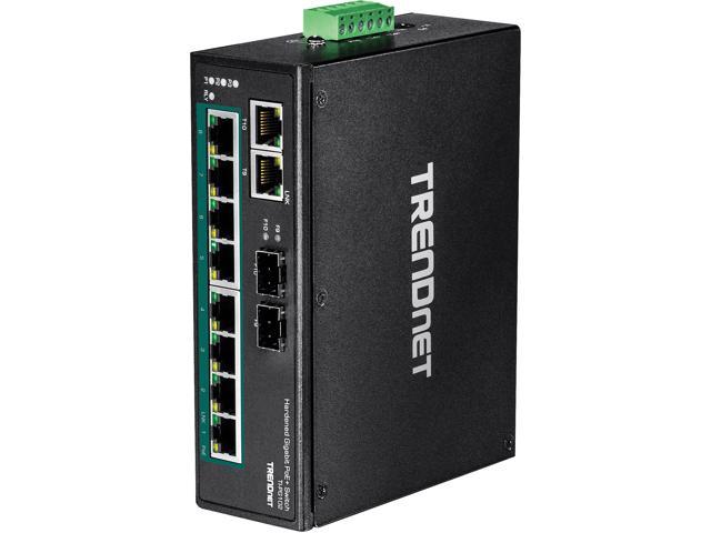 TRENDnet 10-Port Industrial Gigabit PoE+ DIN-Rail Switch, 8 x Gigabit PoE+ Ports, DIN-Rail Mount, 2 x SFP Slots, 240W PoE Power Budget, Network Switch, IP30, QoS, Black, TI-PG102