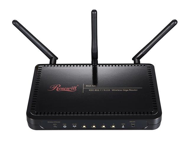 Rosewill RNX-N4 IEEE 802.11b/g/n Wireless-N 2.0 Gigabit Router (2T3R) Up to 300Mbps Data Rates/ WPA Personal and Enterprise, WPA2, 64 & 128 bit WEP, PSK, TKIP, AES Security/ Stream Engine Inside/ Blue LED Indicator