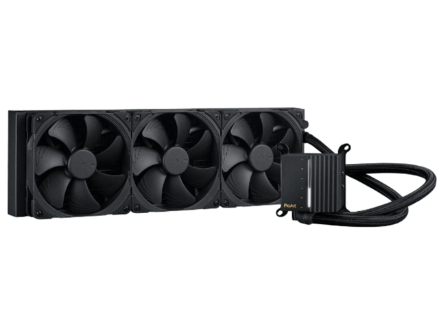 ASUS ProArt LC 420 all-in-one CPU liquid cooler with illuminated system status meter and three Noctua NF-A14 industrialPPC-2000 PWM 140mm radiator fans - Supports Intel LGA 1851/1700 and AMD AM5/AM4