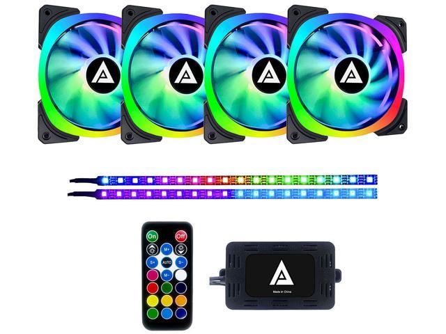 Apevia LP414L2S-RGB Lunar Pro 140mm Silent Dual-Ring Addressable RGB Fan for Gaming + 2 x Color Magnetic LED Strips & 4-Pin Control Box and RF Remote Control(4 + 2pk)