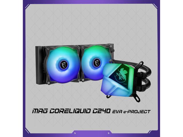 MSI MAG Core Liquid C240 EVA e-PROJECT AIO Liquid CPU Cooler, 240mm Radiator, Dual 120mm PWN Fans, ARGB lighting controled by software, AM5 Compatible
