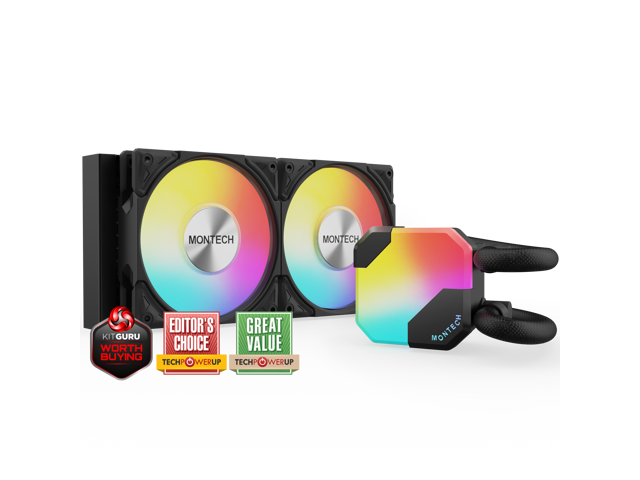 MONTECH HyperFlow ARGB 240 - AIO CPU Liquid Cooler, Intel&AMD Compatible, Chart-Topping Performance, Enhanced 3100RPM Water Pump Design, 2X Metal Pro 12 ARGB Ultimate Cooling Fans - Black