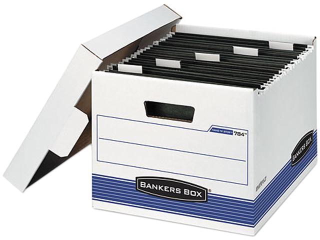 Bankers Box 00784 Hang 'N' Stor Storage Box, Letter, Lift-off Lid, White/Blue, 4/Carton