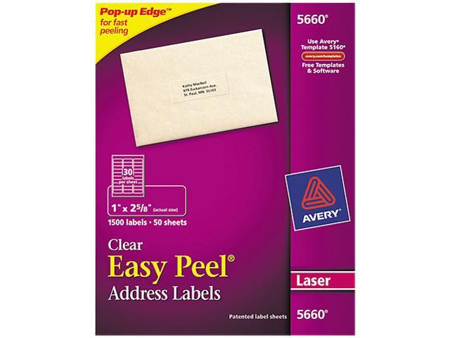 Case Pack of 5 Box of 1,500 5660 Avery Clear Easy Peel Address Labels for Laser Printers 1 x 2-5/8