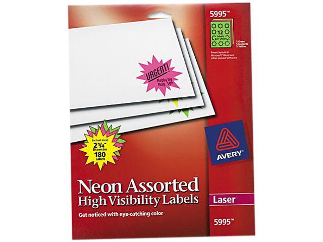 Avery High-Visibility Labels, Permanent Adhesive, Assorted Neon Colors, 2-1/4" Diameter, 180 Labels (5995)