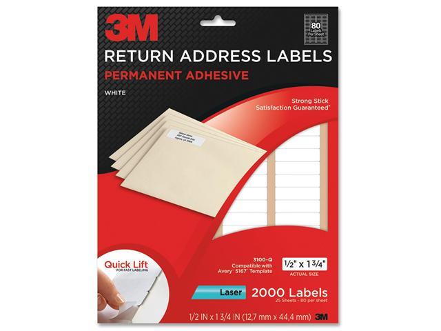 3M 3100-Q Permanent Adhesive White Mailing Labels f/Laser Printers, 1/2 x 1-3/4, 2000/Pack