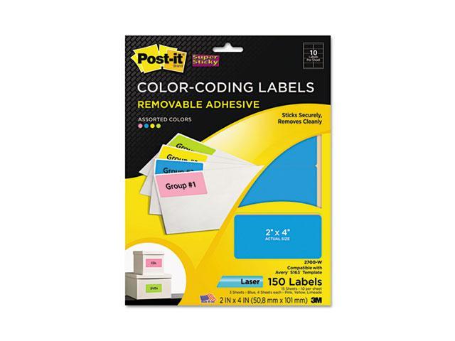Post-it Super Sticky 2700-W Super Sticky Removable Color-Coding Labels, 2 x 4, Assorted Neon, 150/Pack