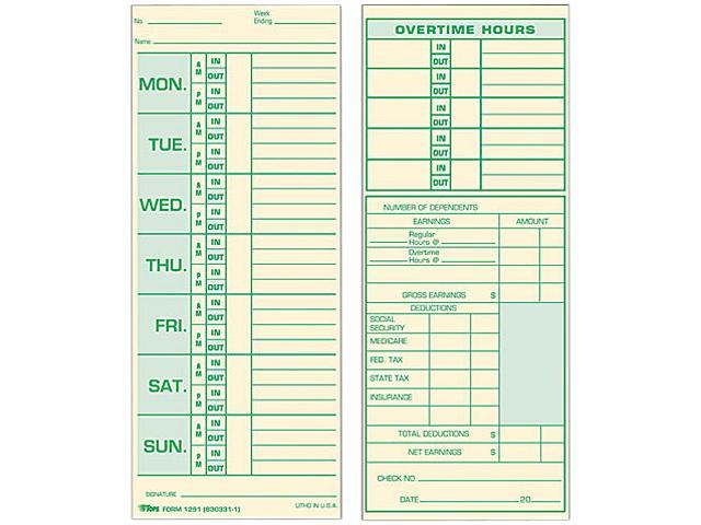 Tops 1291 Time Card for Pyramid Model 331-10, Weekly, Two-Sided, 3-1/2 ...