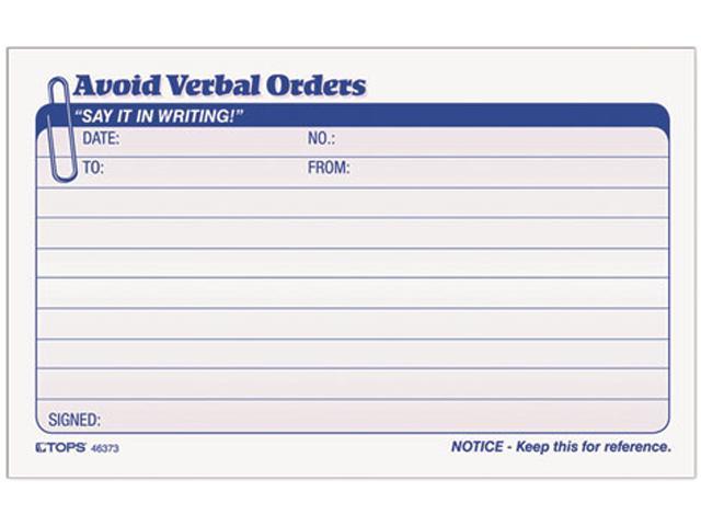 Photo 2 of TOPS Avoid Verbal Orders Book, 2-Part, Carbonless, White and Canary, 4.25 x 6.25 Inches, 50 Sets per Book (46373)