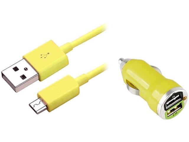 Insten 1457866 Yellow 2-Port USB Mini Car Charger Adapter with 3FT Micro USB Charging Data Cable for Samsung Galaxy S IV