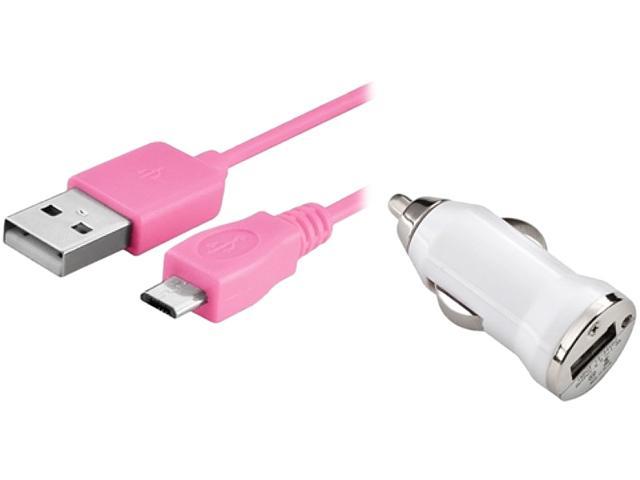 Insten 1542131 White USB Car Charger Adapter with 10FT Pink 2-in-1 Micro USB Charging Data Cable
