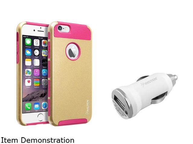 Insten Hot Pink TPU / Gold Hard Hybrid Case Cover + White Car Charger Adapter for Apple iPhone 6 (4.7-inch) 1967820