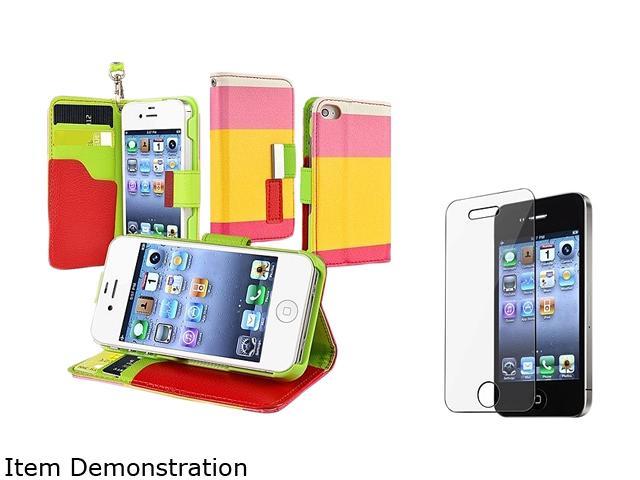 Insten Red / Yellow / Pink Leather Case + Reusable LCD Screen Protector Guard Film Shield compatible with Apple iPhone 4 / 4S