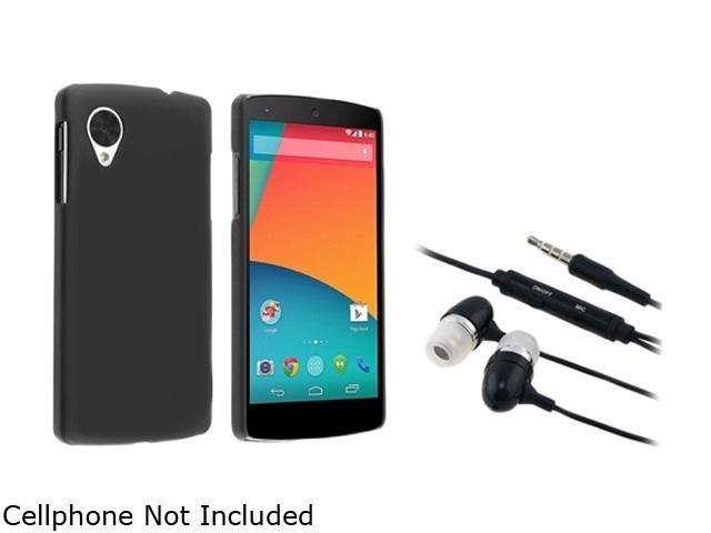 Insten Black Snap-in Rubber Coated Case with In-ear (w/ on-off) Stereo Headsets Compatible with LG Nexus 5 D820 1624595