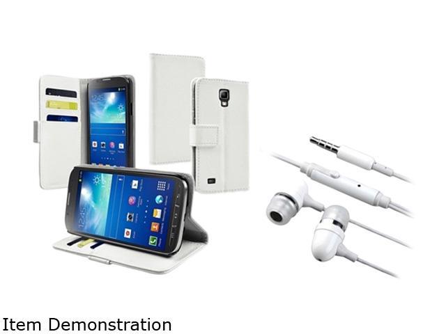 Insten White Stand Leather Case with In-ear (w/ on-off) Stereo Headsets for Galaxy S4 SIV Active i9295 1624631