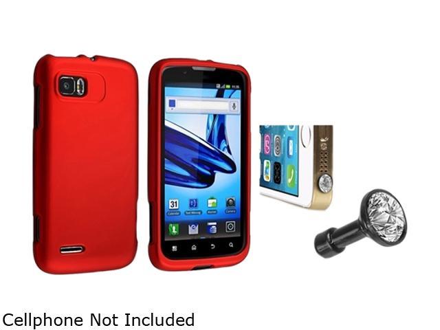 Insten Red Snap-in Rubber Coated Case with Clear Diamond Headset Dust Cap for Motorola Atrix 2 MB865 1665676