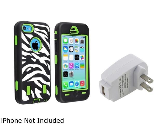 Insten Green Hard/ Black White Zebra Skin Hybrid Case with White Home/Wall Charger Adapter Compatible with Apple iPhone 5C 1530040