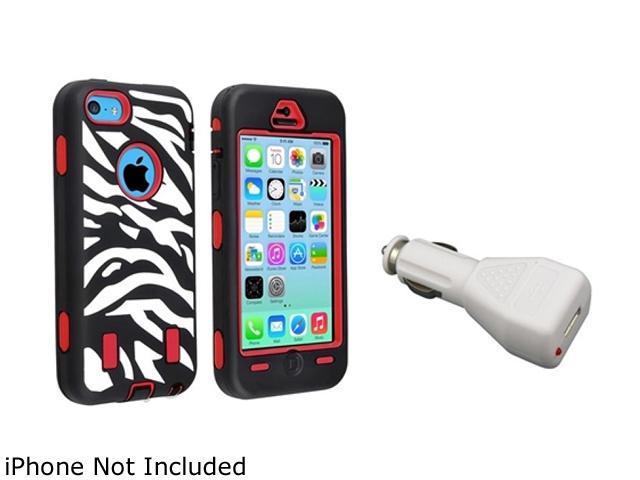 Insten Red Hard/ Black White Zebra Skin Hybrid Case with White Car Charger Adapter Compatible with Apple iPhone 5C 1530059