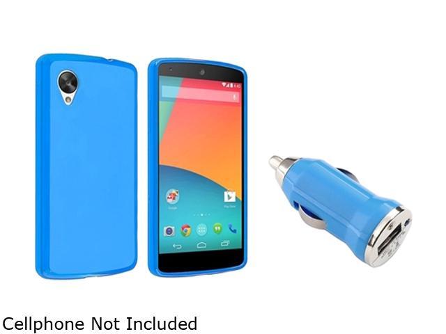 Insten Blue Jelly TPU Rubber Case with USB Mini Car Charger Adapter Compatible with LG Nexus 5 E980 1594003