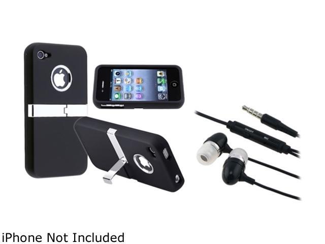 Insten Black Chrome Stand Rubber Coated Case with In-ear (w/on-off) Stereo Headsets compatible with Apple iPhone 4 4S 4th 4 gen