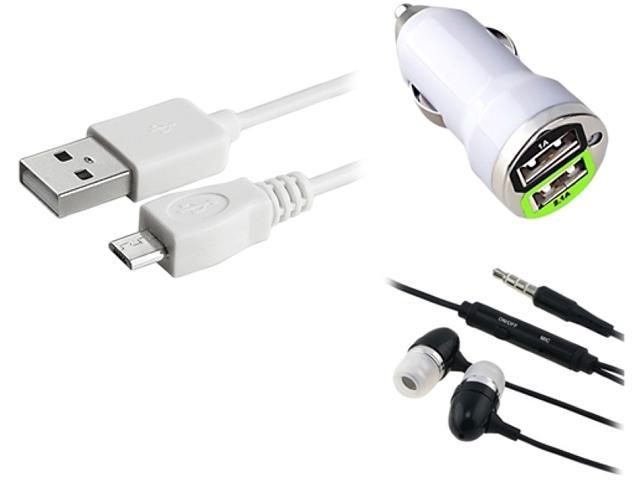 Insten White Micro USB 2- in-1 Cable + Black 3.5mm In-Ear Stereo Headset w/On-off & Mic + White Dual USB Mini Car Charger Adapter for Samsung Galaxy SIII S3 I9300