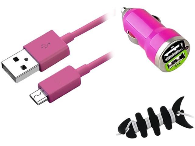 Insten Hot Pink Micro USB 2- in-1 Cable + Black Headset Smart Wrap, Black Fishbone + Hot Pink Dual USB Mini Car Charger Adapter for HTC One X S V EVO 4G Droid DNA Inspire 4G