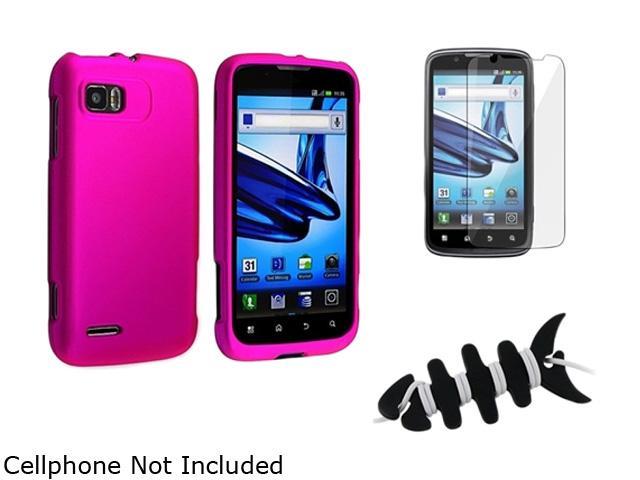 Insten Hot Pink Snap-on Rubber Coated Case + Reusable Screen Protector + Black Headset Smart Wrap, Black Fishbone Compatible With Motorola MB865 Atrix 2