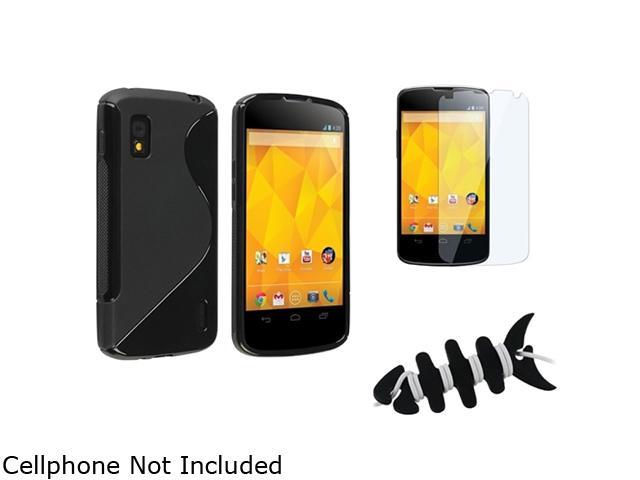 Insten Black S Shape TPU Rubber Skin Case + Reusable Screen Protector + Black Headset Smart Wrap, Black Fishbone Compatible With LG Nexus 4 E960