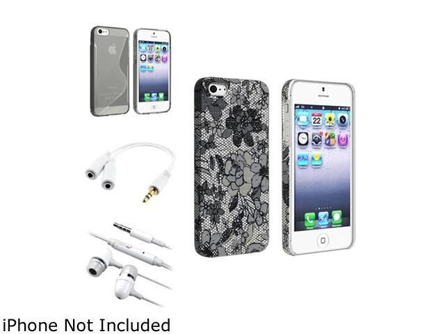 Insten Flower Rear Snap-on Rubber Coated Case + Clear Smoke S Shape TPU Rubber Skin Case + 2X White In-Ear Headset w/ On-off & Mic Bundle Compatible With Apple iPhone 5