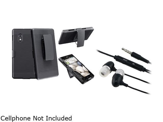 Insten Black Swivel Holster with Stand Case + Black In-ear (w/on-off) & Mic Stereo Headsets Compatible with LG Optimus G E970