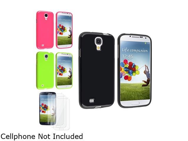 Insten Black + Pink + Green Rubber TPU Case + 3 Clear LCD Screen Protector Compatible with Samsung Galaxy SIV S4 i9500