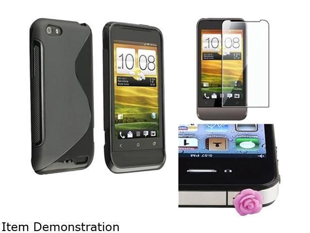 Insten Purple Rose Headset Dust Cap + Black S Shape TPU Rubber Skin Case + Screen Protector for HTC One V