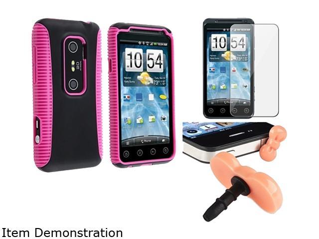 Insten Hot Pink TPU/Black Plastic Hybrid Case + Reusable Screen Protector + Pink Ribbon Headset Dust Cap for HTC EVO 3D