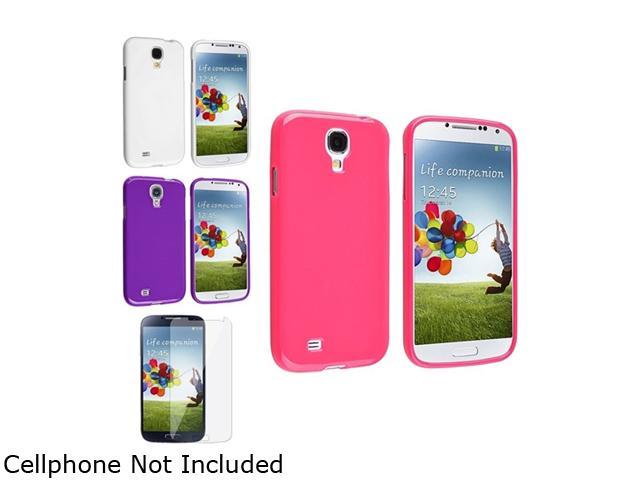 Insten Pink + White + Purple Jelly TPU Case + Clear LCD Screen Protector Compatible with Samsung Galaxy SIV S4 i9500