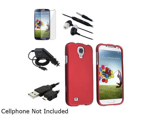 Insten Red Hard Case + Clear Screen Protector + Charger + Cord + Black Headset Compatible with Samsung Galaxy S4 i9500