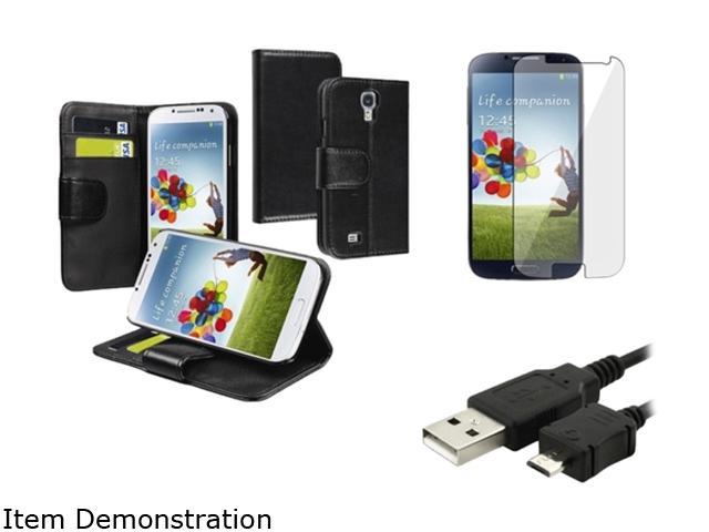 Insten Wallet Leather Case w/Stand + Clear LCD Protector + Cord Compatible with Samsung Galaxy S4 i9500