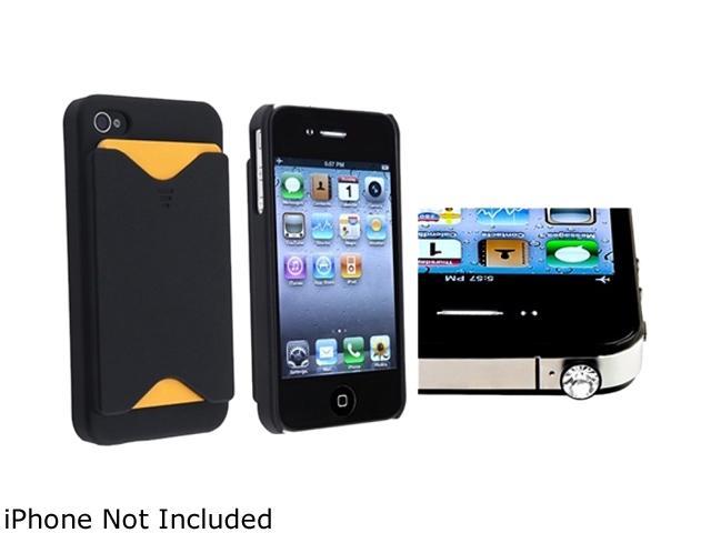 Insten Black Snap-on Case w/ Business Card Holder+Clear Diamond Universal Headset Dust Cap Compatible With Apple iPhone 4 4S